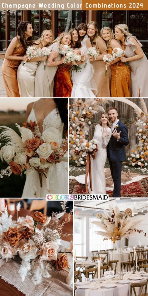 Orange And Champagne Wedding, Champagne Wedding Theme Color Schemes, Copper Wedding Dress, Elegant Champagne Wedding, Copper Wedding Colors, Copper Bridesmaid, Orange Wedding Color Palette, Copper Bridesmaid Dresses, Brown Wedding Themes