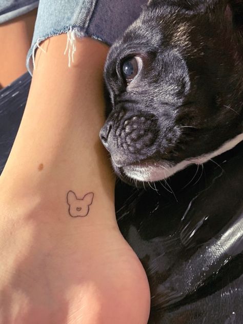 French Bulldog Small Tattoo, Dog Tattoo Boston Terrier, Small Boston Terrier Tattoo, Simple Boston Terrier Tattoo, Small Bulldog Tattoo, Frenchie Dog Tattoo, Dog Tattoo French Bulldog, Boston Terrier Tattoo Ideas, Delicate Dog Tattoo