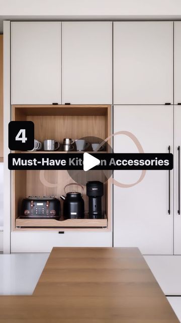 Furniture Factoree on Instagram: "4 Must-have Kitchen Accessories👩🏻‍🍳✨ 1. Cutlery tray. 2. Bottle pull out (BPO). 3. Rolling shutter. 4. Pull down storage rack. Follow @furniturefactoree for more interior tips! #reelsinstagram #reelsindia #interiordesign #interiordecor #interiorstyling #interiortips #tipsandtricks #gurgaon #delhincr #viralvideos #kitchendesign #kitchen #kitchenaccessories" Pull Out Trays In Kitchen, Pull Out Rack Kitchen, Kitchen Rotating Cabinet, Must Have Kitchen Accessories, Kitchen Roller Shutter Cabinet, Rolling Shutters Design In Kitchen, Kitchen Electronics Storage, Kitchen Shutter Design, Rolling Shutter Kitchen