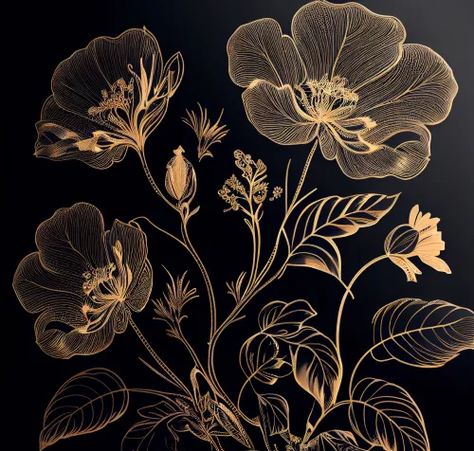 Free Gold Line Art Flower on Black Background Gold And Black Painting Ideas, Paint On Black Background, Gold On Black Art, Black And Gold Painting Ideas, Gold Flower Drawing, Ginkgo Leaf Art, Black And Gold Drawing, Flowers On Black Background Painting, Drawing Black Background