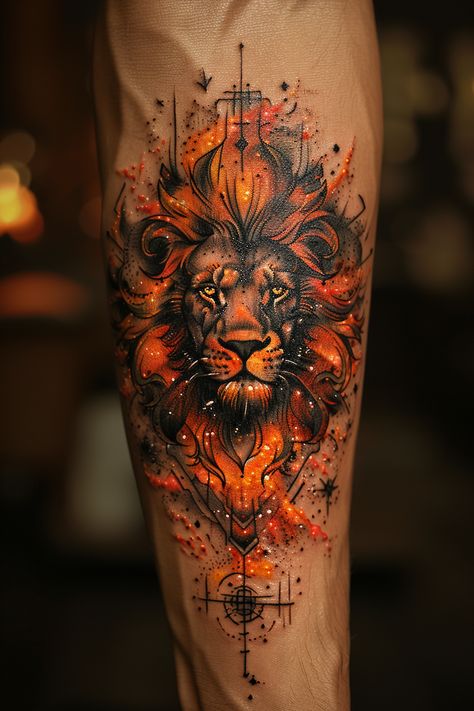 Colorful Tattoo - Traditional Tattoos - Special Meaningful Tattoo - Dreamy Designs - The Most Beautiful Tattoo - Magical Moments  - Tattoo Designs Drawings #TattooDrawings #TattooRealistic #TattooDesigns Lion With Flames Tattoo, Lion Inner Bicep Tattoo, Lion Space Tattoo, Lion Flames Tattoo, Phoenix Lion Tattoo, Sunflower On Fire Tattoo, God Of Fire Tattoo, Celestial Lion Tattoo, Womens Lion Tattoo