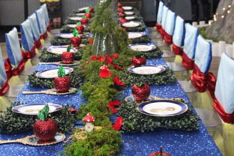 Snow White's Enchanted Forest  | CatchMyParty.com Snow White Wedding Theme, Snow White Centerpiece, Snow White Birthday Party Ideas, White Birthday Party Ideas, Snow White Photos, Snow White Wedding, Beauty And Beast Birthday, White Birthday Party, Enchanted Forest Party