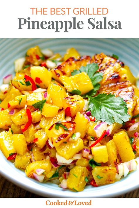 Grilled Pineapple Salsa Recipe Grilled Pineapple Salsa Recipe, Grilled Pineapple Salsa, Cooked Pineapple, Pineapple Salsa Recipe, Pineapple Salad, Ripe Pineapple, Burger Toppings, Burrito Bowls, Pineapple Salsa