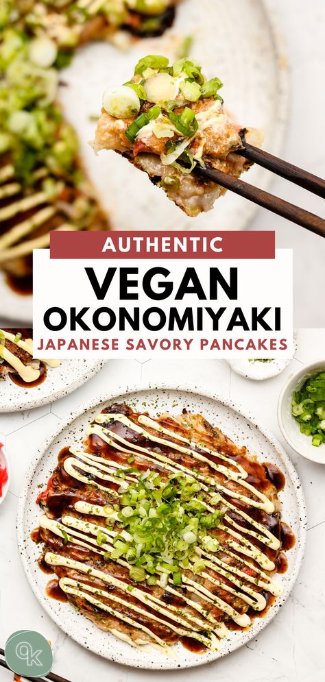 Vegan Okonomiyaki is a savoury Japanese pancake made with yamaimo, rice flour, cabbage and tenkasu, topped with delicious okonomiyaki sauce and Japanese mayonnaise. Learn how to make this popular Japanese street food right in your own kitchen!  #veganrecipes #veganpancakes #japaneserecipes Okonomiyaki Vegan, Vegan Okonomiyaki Recipe, Okonomiyaki Rezept, Vegan Okonomiyaki, Vegan Japanese Food, Okonomiyaki Recipe, Vegetarian Japanese, Vegan Japanese, Vegan Asian Recipes