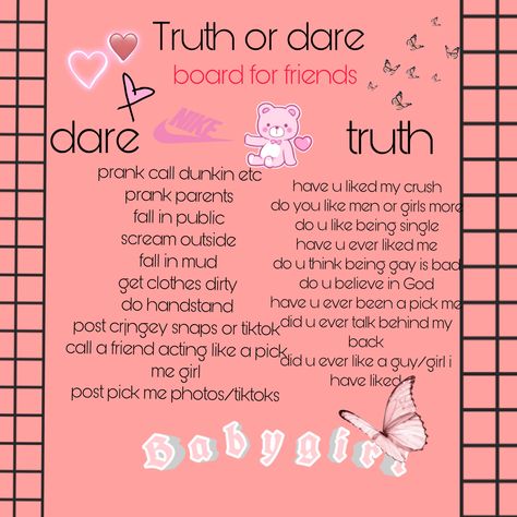 True Or Dare Questions, Extreme Dares, Good Truth Or Dares, Deep Conversation Topics, Truth Or Dare Games, Truth Or Truth Questions, Best Friend Questions, Truth Or Dare Questions, Dare Questions