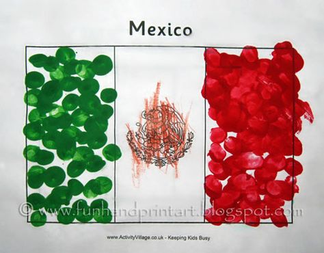 Fingerprint Flag of Mexico Craft - Bandera de México - Fun Handprint Art Mexico For Kids, Mexico Crafts, Flag Of Mexico, Around The World Theme, May Crafts, Flag Crafts, Flag Coloring Pages, Preschool Projects, Mexican Flag