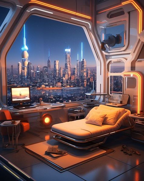 Futuristic Room Sci Fi Interior Design, Sci Fi Space Station Interior, Scifi Bedroom, Spaceship Interior Bedrooms, Spaceship Interior Concept Art, Sci Fi Bedroom, Futuristic Rooms, Sci Fi Room, Futuristic Bedroom