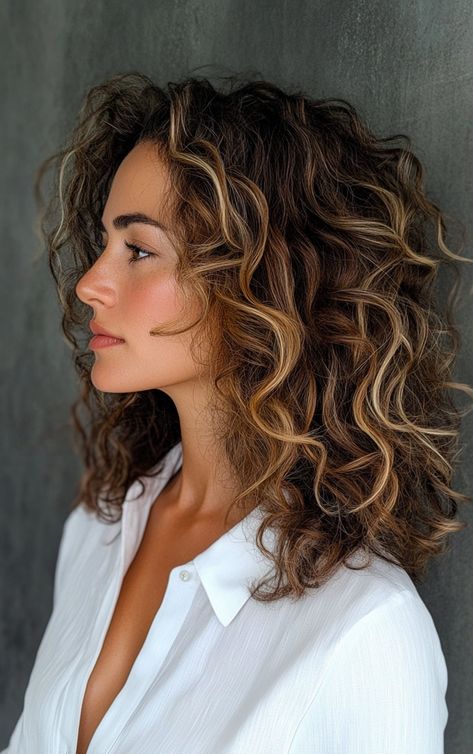 Curly balayage hair with highlights enhancing natural curls Balayage Hair Natural Curls, Balayage For Dark Curly Hair, Balayage Natural Curly Hair, Natural Curly Hair Color Ideas Balayage, Blonde Curly Balayage, Curls With Highlights, Curly Hair Balayage, Balayage Curly Hair, Curly Balayage