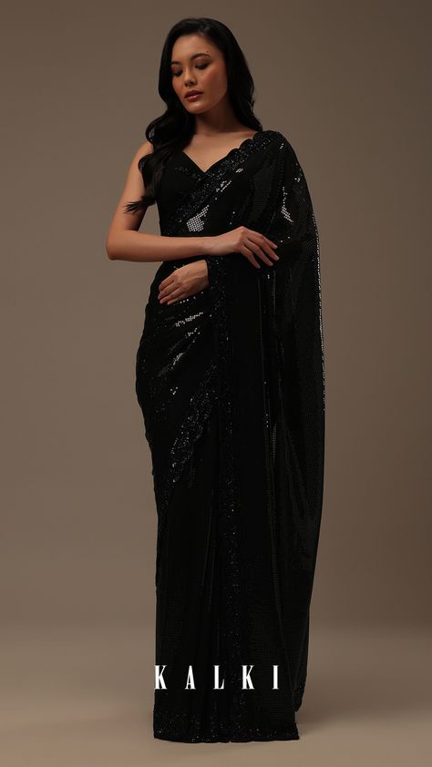 "Introducing our captivating black sequins saree, a celebration of elegance and shimmer. This saree features a mesmerizing all-over adornment of sequins that adds a touch of sparkle to your ensemble. EVENT - Perfect for evening parties. The saree comes with a matching unstitched blouse." Black Sequin Saree, Sequins Saree, Festive Saree, Pleated Saree, Embroidery Saree, Desi Style, Sequins Embroidery, Designer Saree, Black Sequins