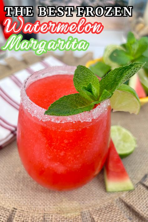 This Frozen Watermelon Margarita recipe is a great way to beat the heat on a hot summer day with the perfect blend of sweet watermelon and tangy lime. Skip the restaurants and make this at home! Freezing Watermelon, Watermelon Margarita Recipe, Frozen Watermelon Margarita, Watermelon Wedge, Margarita Salt, Margarita Ingredients, Margarita On The Rocks, Frozen Watermelon, Watermelon Margarita