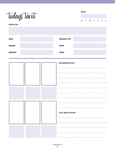 A 6 Card Pull Tarot Journal with sections for date, deck, reading type, reader's and querent's mood, six card slots, and spaces for interpretation and life application. Daily Card Pull, Daily Tarot Journal Template, Free Tarot Journal Printable, Tarot Journal Template Free Printable, Tarot Bullet Journal, Tarot Journal Template, Daily Tarot Journal, Tarot Journal Ideas, Tarot Journaling