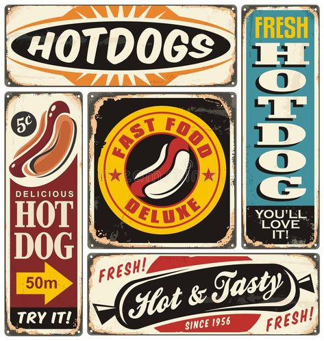 Retro Hot Dog Illustration, Quick Party Food, Retro Burger, Grocery Sign, Restaurant Poster, Party Snack Food, Hot Dog Stand, Classic Cocktail Recipes, Station Service