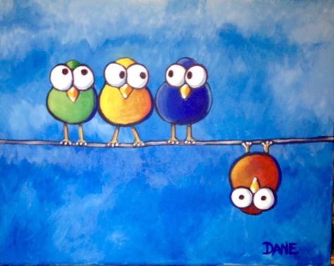 Fun Bird Paintings, Cute Birds Painting, Bird On A Wire Drawing, Birds On A Wire Watercolor, Birds On A Line Painting, Bird On A Wire Painting, Birds On Wire Painting, Quirky Birds Art, Whimsy Art Ideas