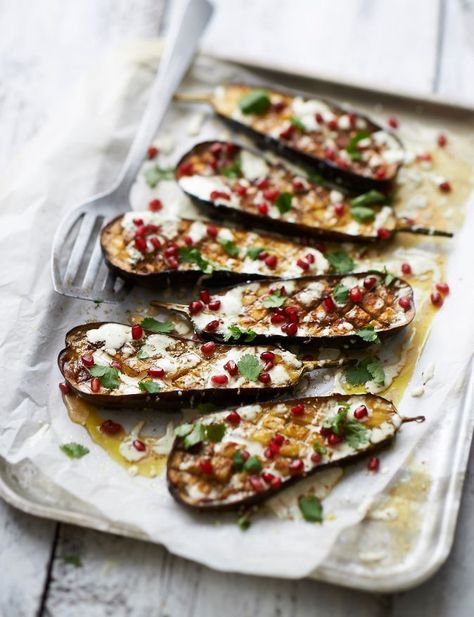 Roasted Eggplant With Tahini & Pomegranate | Joy of Kosher Rosh Hashana Recipes, Roasted Aubergine, Rosh Hashanah Recipes, Pomegranate Recipes, Roasted Eggplant, Roast Eggplant, Eggplant Recipes, Jewish Recipes, Rosh Hashanah