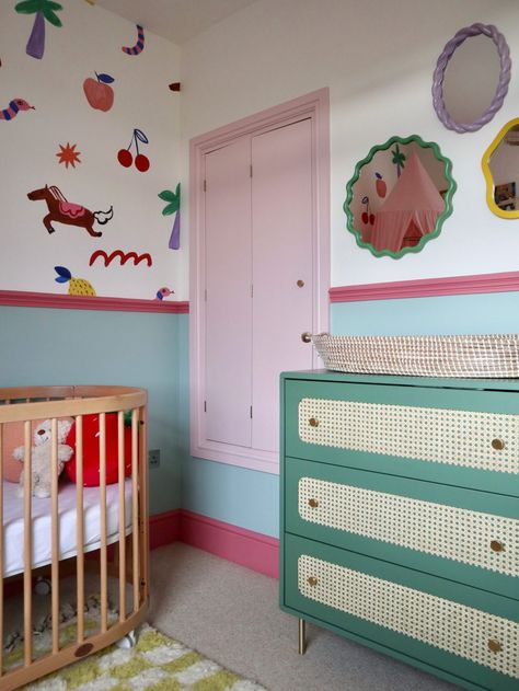 Our Daughter's Colourful Nursery - Meg Monde - Interiors How To Design A Nursery, Happy Nursery Ideas, Quirky Nursery Ideas, Nursery Aesthetic Colorful, Colourful Childrens Bedroom, Funky Baby Nursery, Colorful Eclectic Nursery, Nursery Ideas Colourful, Funky Nursery Ideas