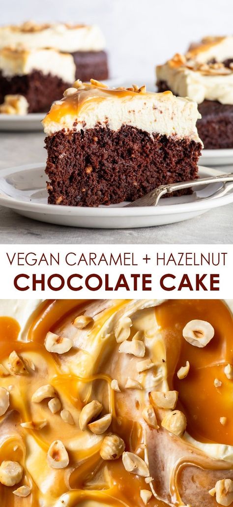 Vegan Hazelnut Chocolate Cake with Caramel-Swirled Frosting - The sponge of this easy cake is moist and delicate, the frosting is fluffy and swirled through with a luscious caramel sauce, and a sprinkling of chopped hazelnuts adds a wonderful crunch (and an extra burst of flavour). Plus, it’s incredibly easy to make – and no egg replacements needed! Vegan cake recipe. Dairy free cake. Easy vegan recipes. Vegan dessert. Vegan chocolate cake. Vegan frosting. #vegan #cake #vegancake Vegan Hazelnut Cake, Easy Vegan Cake, Swirled Frosting, Vegan Cake Recipe, Chocolate Cake Vegan, The Loopy Whisk, Vegan Hazelnut, Loopy Whisk, Dairy Free Cake Recipe