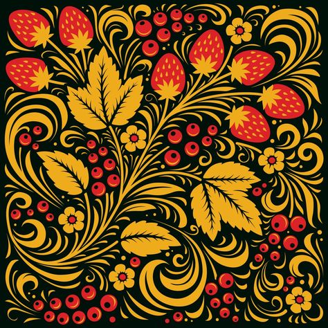 Russian Folk Illustration, Khokhloma Tattoo, Russian Pattern, Ukrainian Folk Art, Background Traditional, Traditional Ornaments, Russian Folk Art, Russian Painting, Folk Art Flowers