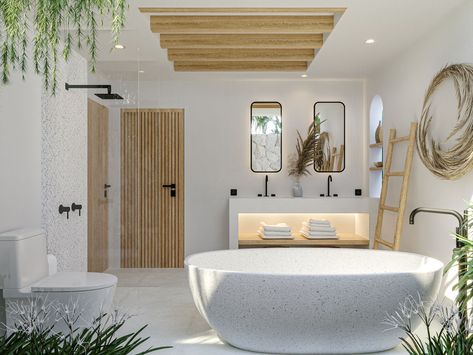 Bali Architecture, Wood Feature Wall, Tropical House Design, Tropical Bathroom, Bali House, Outdoor Bathrooms, Tropical House, Living Room Ceiling, Modern Tropical