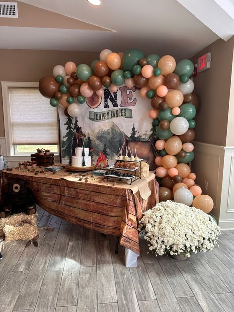 One Stock Birthday, Wild One Adventure Birthday Party, One Happy Camper First Birthday Table Decor, Woods Themed First Birthday, First Adventure Birthday, Wilderness First Birthday, Adventurous One Birthday, First Birthday One Happy Camper, Hiking First Birthday Theme