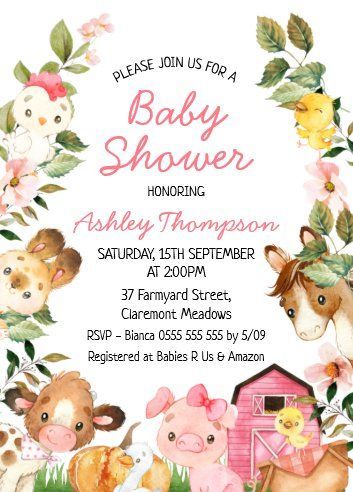 Girl Baby Shower Invitations, Farm Themed Party, Farm Baby Shower, Animal Baby Shower Invitations, Baby Farm Animals, Baby Invitations, Animal Baby Shower, Invitation Baby Shower