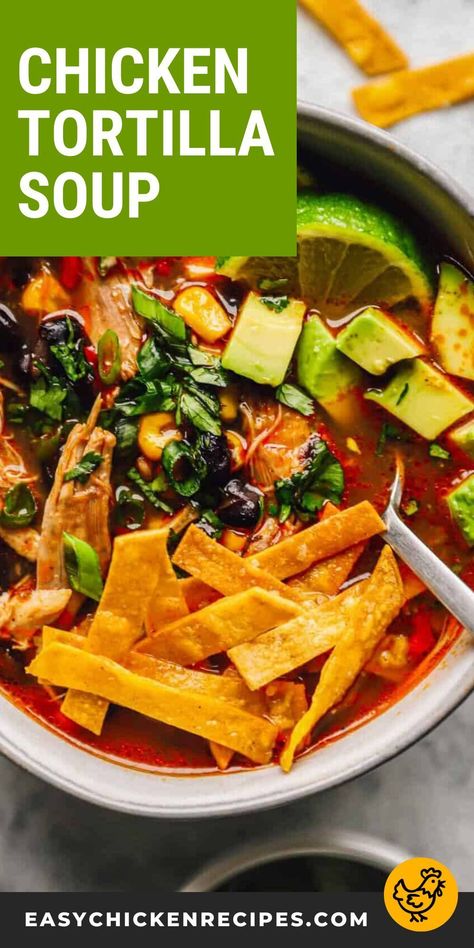 This Chicken Tortilla Soup is hearty, flavorful, and under 300 calories per bowl! Packed with chicken, beans, corn, and homemade tortilla strips, it’s the perfect dinner or appetizer. Pop over to my site for the recipe! Mexican Soup Recipes Authentic, Homemade Chicken Tortilla Soup, Easy Tortilla Soup Recipe, Healthy Chicken Tortilla Soup, Hearty Chicken Soup, Tortilla Soup Easy, Mexican Chicken Salads, Mexican Soup Recipes, Chicken Tortilla Soup Easy