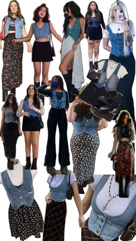 Denim Vest Outfit Ideas, Vest Outfit Ideas, Denim Vest Outfit, Cool Outfit Ideas, 90s Inspired Outfits, Vest Outfit, Cool Outfit, Earthy Outfits, Looks Black