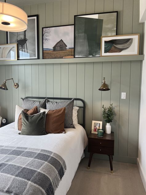 Bedroom Ideas Narrow Room, Panel Walls Bedroom, Calm Guest Bedroom, Bedroom Panneling Sage Green, Wood Cladding Bedroom, Tongue And Groove Bedroom Walls, Painted Wood Paneling Bedroom, Painted Tongue And Groove Walls Bedroom, Green Wood Paneling