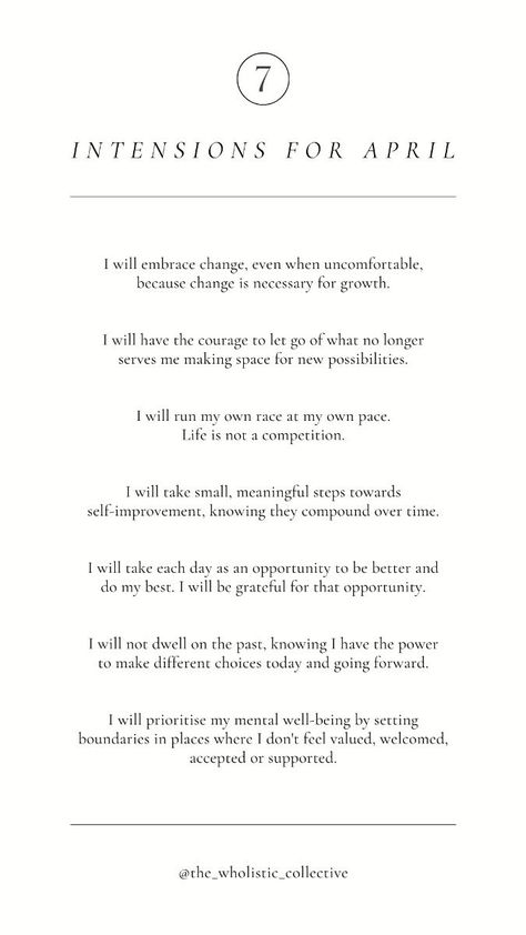 As we step into April, it’s time for a mindset shift and setting intentions that support our growth 🌀  The changing of the calendar invites reflection and renewal - a chance to plant the seeds for positive change 📆  Examine your thoughts and beliefs - are they empowering you? If not, plant the seeds to cultivate a more uplifting inner voice 💖  𝐒𝐞𝐭𝐭𝐢𝐧𝐠 𝐜𝐥𝐞𝐚𝐫 𝐢𝐧𝐭𝐞𝐧𝐭𝐢𝐨𝐧𝐬 𝐢𝐬 𝐚 𝐩𝐨𝐰𝐞𝐫𝐟𝐮𝐥 𝐚𝐜𝐭 𝐨𝐟 𝐬𝐞𝐥𝐟-𝐝𝐢𝐫𝐞𝐜𝐭𝐢𝐨𝐧 📈  Make April the month you boldly declare your intentions for self-improvement and growth. There’s no better time than now 🫶🌿 Intentions For The Month, August Intentions, September Intentions, Monthly Intentions, Intentions For The Day, Daily Intentions, Setting Intentions, Monthly Review, Mindset Shift