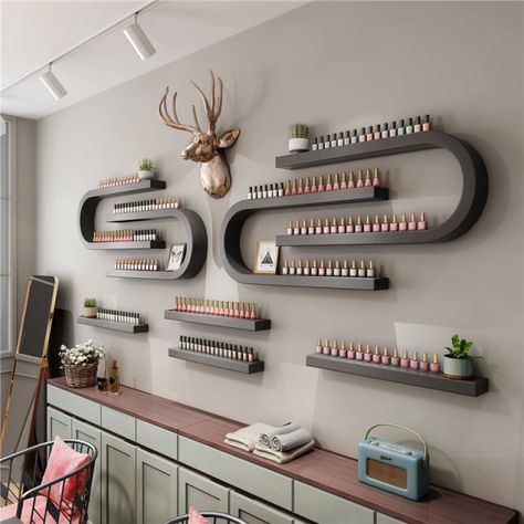 Nail Salon Shelving Ideas, Cosmetics Salon Interior, Mail Polish Display, Nail Polish Stand Display, Cool Nail Salon Interior, Nail Salon Cabinets, Nail Decor Salon, Mobile Nail Salon Ideas, Nail Room Wall Decor