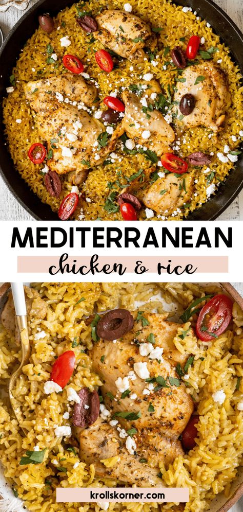 Chicken And Rice Greek, Chicken And Rice Meals Healthy, Mediterranean Diet Recipes Chicken Thighs, Meditterean Crockpot Recipes, Mediterranean Curry Chicken, Blue Zone Chicken Recipes, Mediterranean Roasted Chicken Recipes, Mediterranean Chicken And Couscous, Chicken And Rice Bake Healthy