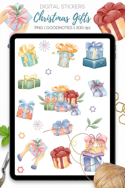 You can use Christmas gifts digital stickers collection for your digital planner, digital calendar, productivity planner, journal, notebooks, etc. All stickers are hand-drawn, pre-cropped for GoodNotes, and ready for use. Stickers Collection, Free Planner Stickers, Stickers Png, Goodnotes Stickers, Cute Presents, Digital Calendar, Stickers Cute, Free Planner, Holiday Stickers