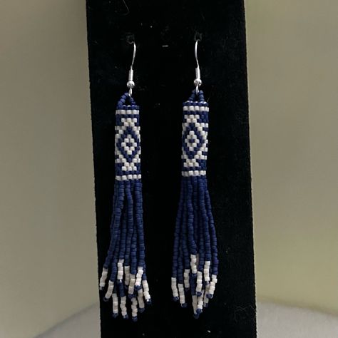 Beaded Navajo Pattern Earrings Made With Blue And Cream Color Glass Delica Beads And Sterling Silver Plated Earring Hooks. Approximately 3&1/2 Inches Long Pattern By Beadedpatternsbydeb Navajo Pattern, Blue Beaded Earrings, Interchangeable Earrings, Large Statement Earrings, Native American Earrings, Native American Beaded Earrings, Jewel Colors, Recycled Glass Bead, Beaded Chandelier