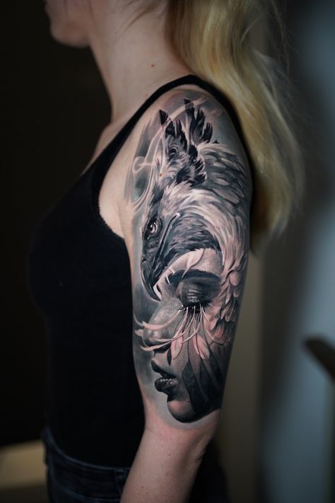 #realistic #womantattoo Phoenix Realism Tattoo, Realism Phoenix Tattoo, Full Arm Tattoo Women, Woman Realism Tattoo, Realism Tattoo Ideas, Portrait Tattoo Sleeve, Black And Grey Realism, Realism Portrait, Masculine Tattoos