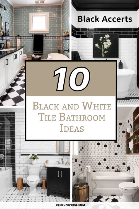 Revamp your bathroom with timeless elegance using black and white tiles! Discover 10 stunning bathroom ideas that blend style and functionality, from classic checkerboard patterns to modern mosaics. Elevate your space with bold graphic designs or textured accents, creating a chic sanctuary that reflects your unique taste. Transform daily routines into elegant experiences! Bathroom Black Grout White Tiles, Black And White Quartz Countertops Bathroom, White Subway Tile With Black Grout Bathroom, Farmhouse Bathroom With Black Floor, Black And White Shower Floor Tile, Black And White Tile With Black Grout, Simple Bathroom Tiles Design Ideas, Black And Marble Bathroom, Bathroom With Black And White Tile