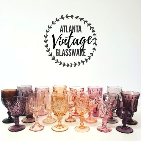 Colored Water Goblets Wedding, Black Goblets Wedding, Vintage Colored Glass Wedding, Pink Goblets Table Settings, Vintage Pink Glassware, Water Goblets Table Settings, Vintage Glassware Wedding, Colored Goblets, Wedding Goblets