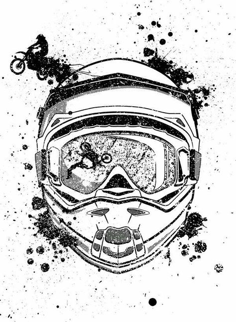 Motocross Vector, Motocross Tattoo, Dirt Bike Tattoo, Rider Logo, Art Moto, Helmet Drawing, Helmet Tattoo, Dirt Bike Helmets, Motorbike Art