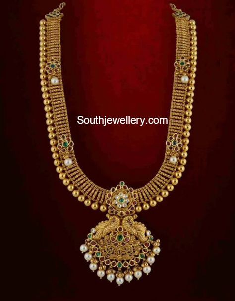 40grms Gold Haram, Mid Length Haram Gold, Antique Gold Haram, Pretty Gold Necklaces, Vaddanam Designs, 22 Carat Gold Jewellery, Gold Haram, Long Haram, Rani Haar