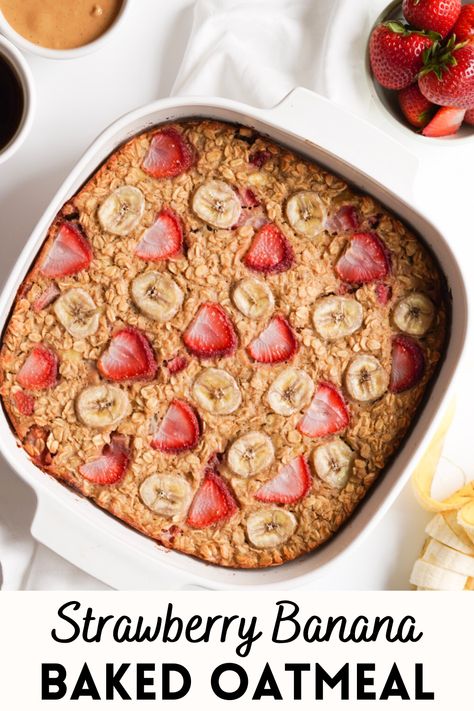 Strawberry Banana Baked Oatmeal is the perfect make ahead breakfast! It is full of fresh fruit, naturally sweetened with banana & pure maple syrup, and is of course easy to make. This healthy vegan recipe can be served for brunch and even works great as meal prep too! It is sure to make your busy mornings easier, and a whole lot tastier. Vegan Baked Oatmeal, Oatmeal Flavors, Banana Baked Oatmeal, Baked Oatmeal Recipes, Healthy Breakfast Recipes Easy, Healthy Oatmeal, Banana Oatmeal, Make Ahead Breakfast, Strawberry Banana