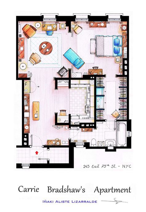 See your favorite TV or movie apartment brought to life with the intuitive work of artist Inaki Aliste Lizarralde. Sadly not all floor plans are as readable as this one. The complex world of commercial interior design often intimidates the inexperienced. Our expert design team can guide you through the interior design process for a uniquely branded office. Visit www.sdofficedesign.com. #SDOfficeDesign #gorgeousOffice #OfficeDesigner #interiorDesign #BrandedDesign #bestofficedesign Carrie Bradshaw Apartment, Apartamento New York, Kristin Davis, Apartment Floor Plan, Real Estat, Floor Plan Drawing, Apartment Floor Plans, Apartment Layout, Plan Drawing