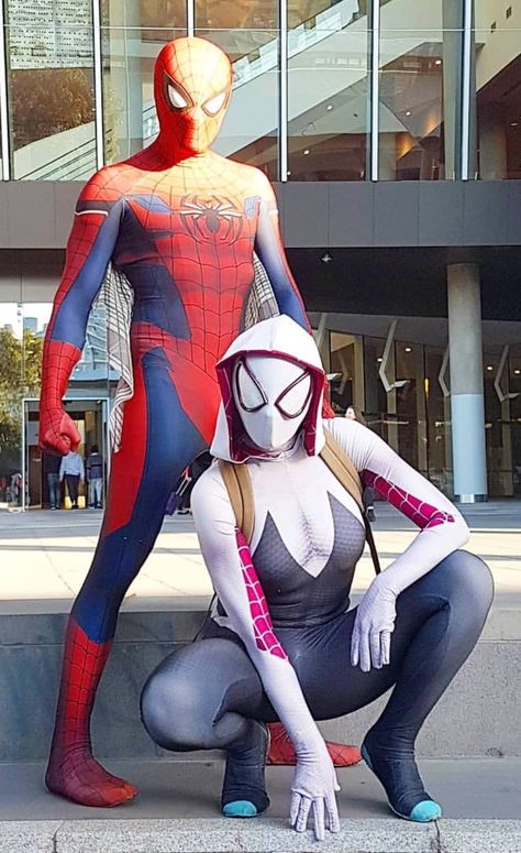 Spiderman And Spider Gwen Halloween Costume, Spiderman And Spider Gwen Costume, Spider Man And Mj Costume, Spider Man And Gwen Costume, Spiderman And Gwen Costume, Miles And Gwen Costume, Gwen Spiderman Costume, Couple Costumes Marvel, Spider Man Couple Costume