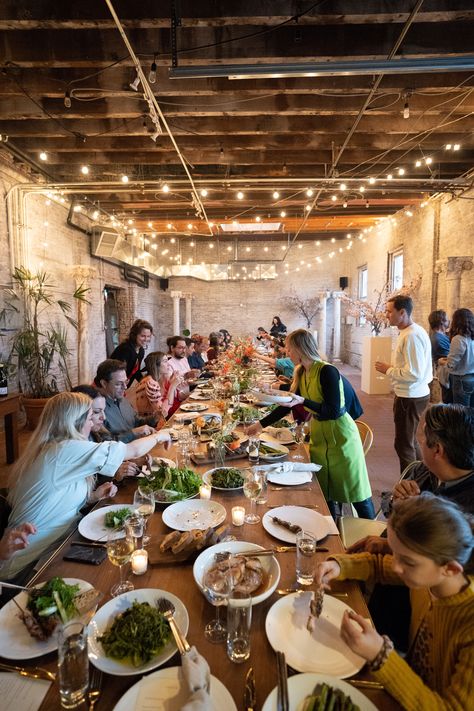 Long Table Restaurant, Long Table Dinner Party Indoor, Warehouse Dinner Party, Family Style Reception Dinner, Wedding Food Family Style, Long Table Dinner Party, Family Style Dinner Table, Wedding Family Style Dinner, Family Style Dinner Wedding