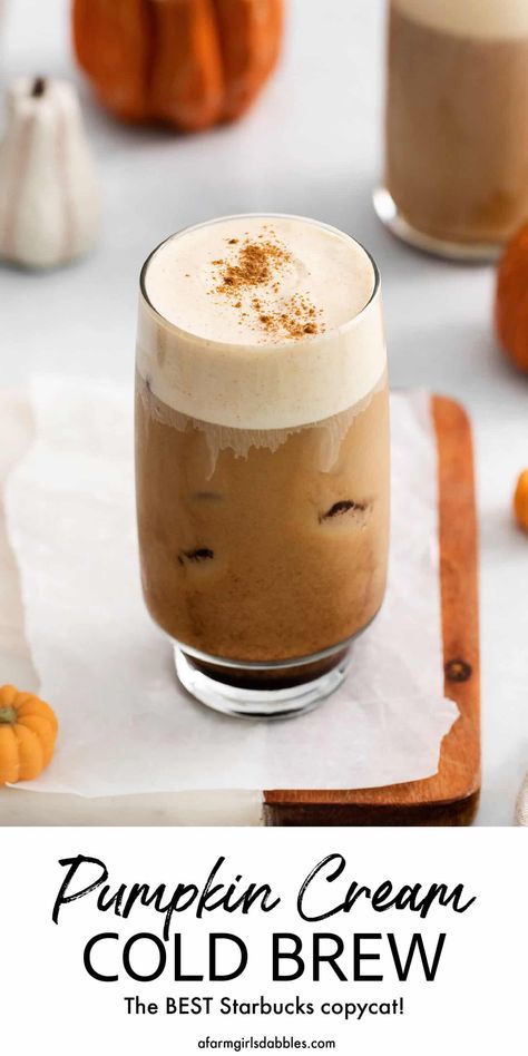 Love Starbucks and pumpkin spice? Then you just gotta try this Pumpkin Cream Cold Brew recipe! It's a Starbucks copycat with a lightly sweetened cold brew plus a rich pumpkin cream foam topper. Sprinkled with pumpkin pie spice, it's the perfect fall drink. Cold Foam Cold Brew, Pumpkin Cold Foam, Pumpkin Cream Cold Brew, Holiday Entertaining Food, Fall Eats, Cream Cold Brew, Cold Brew Recipe, Hot Drinks Recipes, Pumpkin Delight