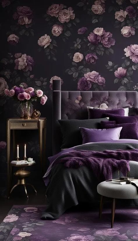 Purple And Black Bedroom Ideas, Black And Purple Bedroom Ideas, Purple Gothic Bedroom, Gothic Cafe, Main Bedroom Ideas Master Suite, Purple And Black Bedroom, Black And Purple Bedroom, Bedroom Ideas Master Suite, White And Purple Bedroom