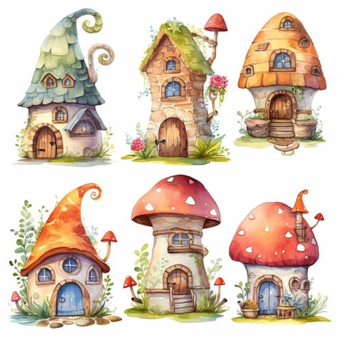 Fairy House Drawing, Fairytale Mushroom, Village Illustration, Mushroom Houses, Fantasy Houses, Story Books Illustrations, Perspective Drawing Architecture, House Cartoon, Pottery Houses