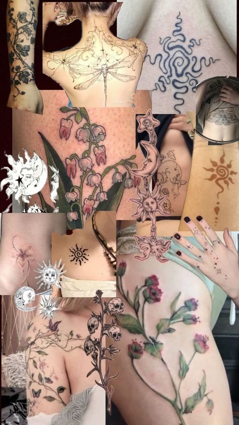 Nature tattoo ideas Cottagecore Sleeve Tattoo, Whimsical Tattoos For Women, Nature Back Tattoo, Earthy Tattoos Nature, Botanical Tattoo Sleeve, Geometric Flower Tattoo, Nature Tattoo Ideas, Earthy Tattoos, Whimsical Tattoos