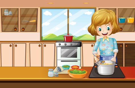 Mother Cooking, Kitchen Vector, Kitchen Cartoon, Woman Cooking, Kitchen Clipart, Cooking Icon, Cooking In The Kitchen, Water Drawing, Spelling Activities