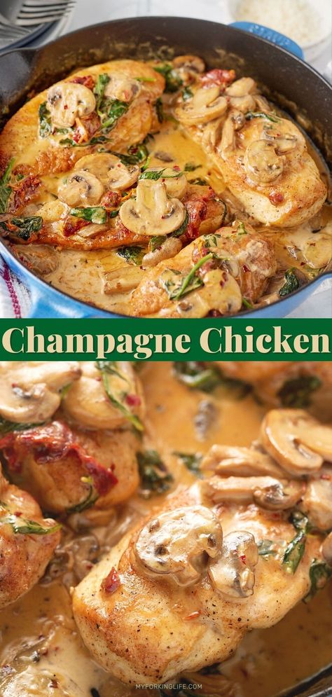 Get fancy in the easiest possible way! This creamy champagne chicken recipe is simple and easy to make all in one skillet and is so perfectly delicious! It's a great option for date night, dinner party or special occasion, and it's ready to serve in 40 minutes. Dinner Date Recipes, Champagne Chicken, Tailgate Treats, Night Dinner Recipes, Date Night Dinner, Fancy Dinner Recipes, Date Night Recipes, Gourmet Dinner, One Skillet