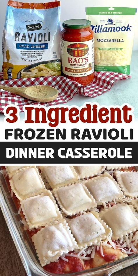 This dump and bake meal is effortless to make. Simply layer frozen ravioli, pasta sauce, and cheese into a baking dish. From there, the oven does the rest! Also known as "Lazy Lasagna", this quick and easy dinner will soon be a family favorite. You can cutomize it to your liking with any sauce or stuffed ravioli along with additional layers such as ground beef, sausage, pepperoni, mushrooms, spinach, herbs, etc. My favorite last minute dinner for busy school nights! My kids gobble it up. Lasagna Ravioli, Baked Ravioli Recipe, Cheap Ingredients, Ravioli Casserole, Baked Ravioli, Lazy Lasagna, Ravioli Bake, Ravioli Recipe, 3 Ingredient Recipes