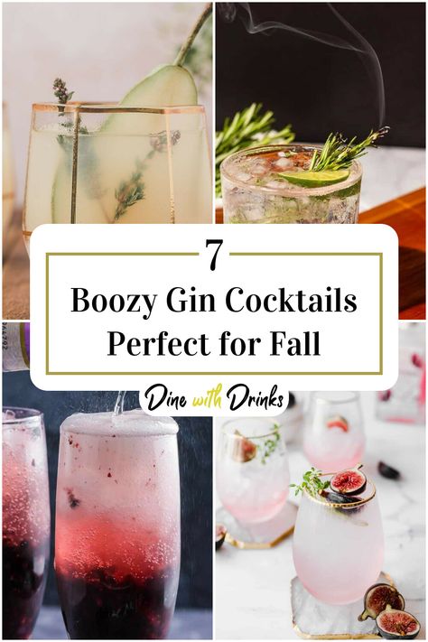 Collage of 4 fall gin cocktails. Fall Drinks With Gin, Fall Gin And Tonic Recipe, Fall Gin Cocktail Recipes, September Cocktails, Pet Inspired Cocktails, Gin Thanksgiving Cocktail, Fall Craft Cocktails, Gin Cocktails Fall, Craft Cocktails Recipes