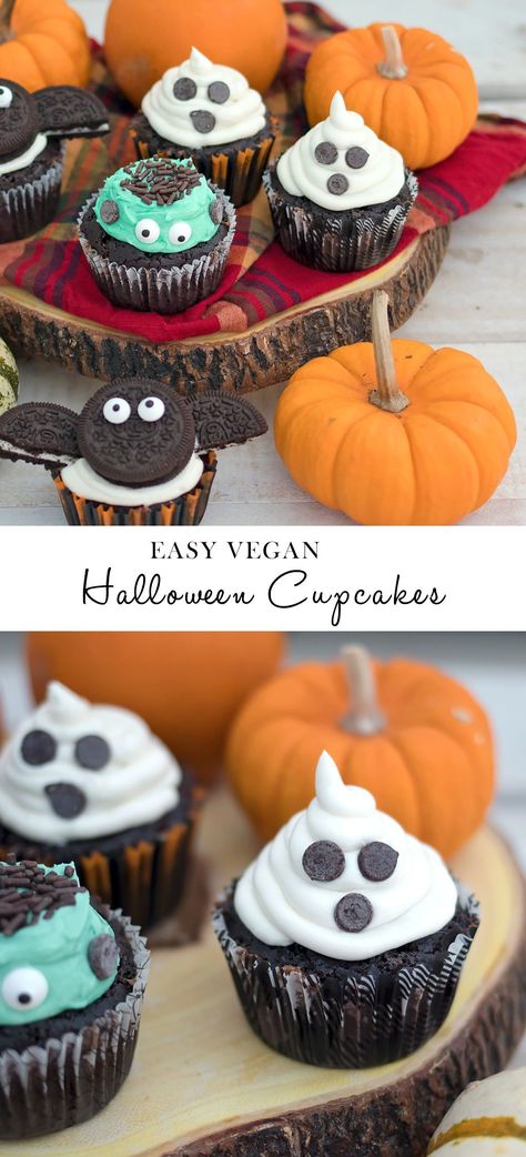 Healthy Halloween Cupcakes, Vegan Halloween Cake, Vegan Halloween Cupcakes, Kid Halloween Cupcakes, Vegan Halloween Treats, Vegan Halloween Desserts, Vegan Halloween Treat, Halloween Food Cupcakes, Oreo Stuffed Chocolate Chip Cookies